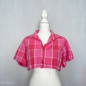 Upcycled Vintage Citicraze Pink Plaid Cropped Button Up Shirt, Size Large
